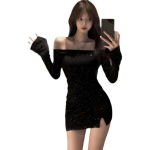 01 Diamond studded long sleeved sexy hip hugging short skirt