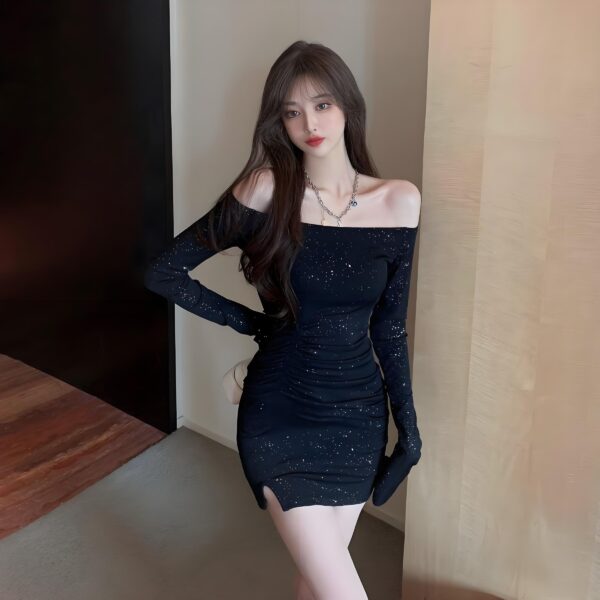 Diamond studded long sleeved sexy hip hugging short skirt