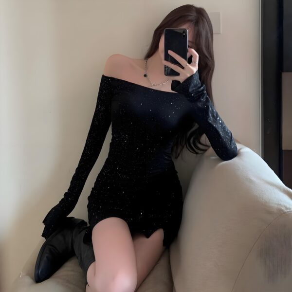 Diamond studded long sleeved sexy hip hugging short skirt