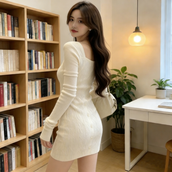 1767784330998 Square neck knitted dress