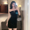 Strapless black hip-hugging short skirt
