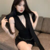 American-style streamlined sleeveless black skirt that hugs the hips