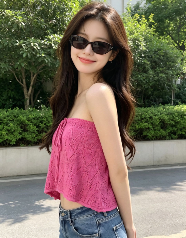 Hot Pink Hollow‑out Knit Tube Top