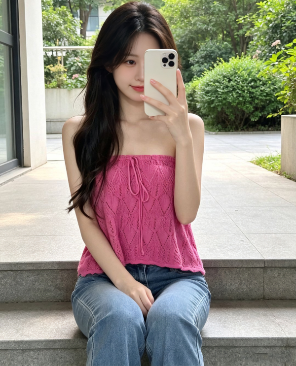 Hot Pink Hollow‑out Knit Tube Top