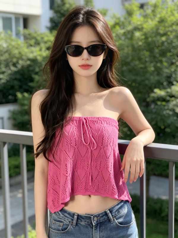 Hot Pink Hollow‑out Knit Tube Top