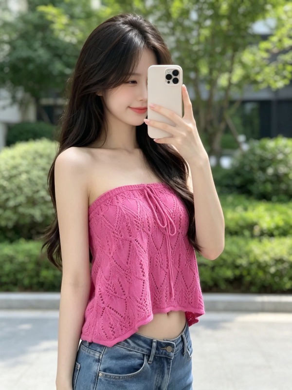 Hot Pink Hollow‑out Knit Tube Top