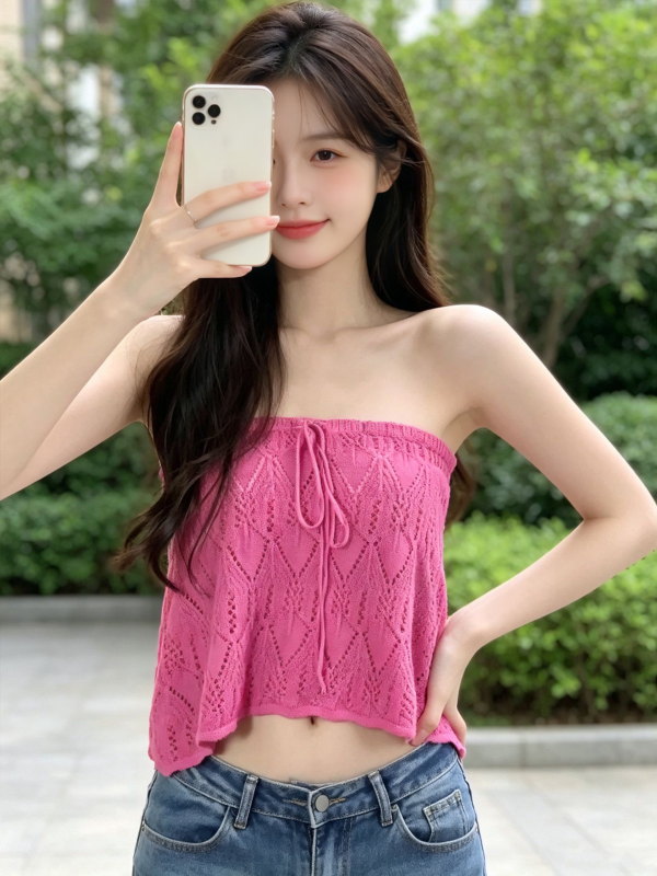 Hot Pink Hollow‑out Knit Tube Top