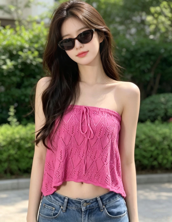 Hot Pink Hollow‑out Knit Tube Top